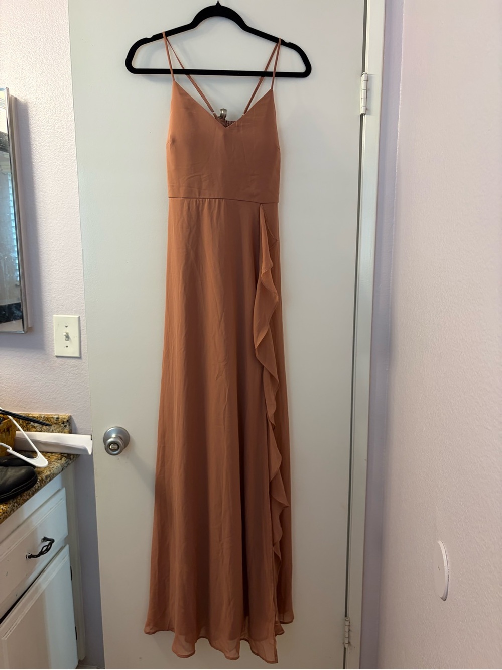 Birdie Grey M Ruffled V-Neck Spaghetti Strap Maxi Dress in Terracotta - Picture 2 of 6